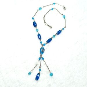 Vintage Blue Glass Beaded Necklace w/ Silvertone Accent Beads